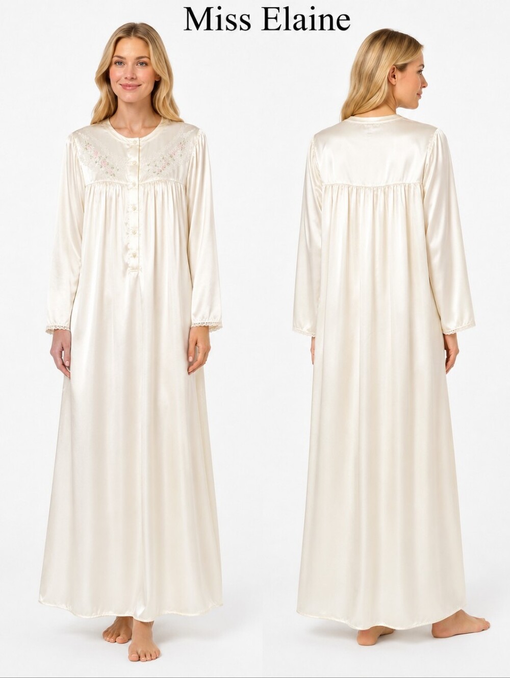 Miss Elaine Satin Long Nightgown Women Ivory Floral Embroidered Sleep Gown SizeM